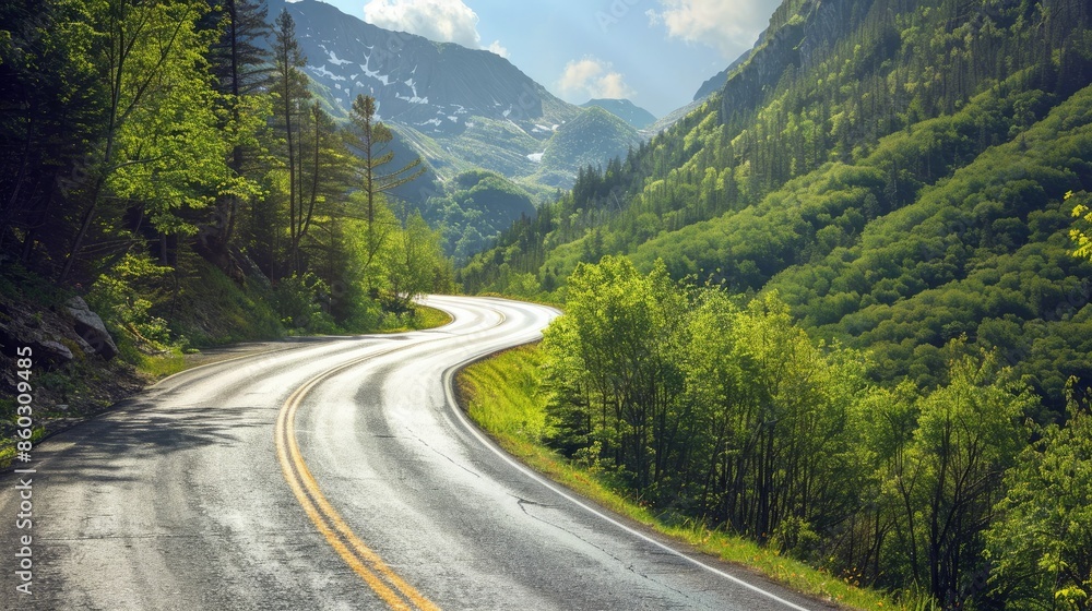 Fototapeta premium Winding asphalt road through a forested mountain landscape on a bright, sunny day