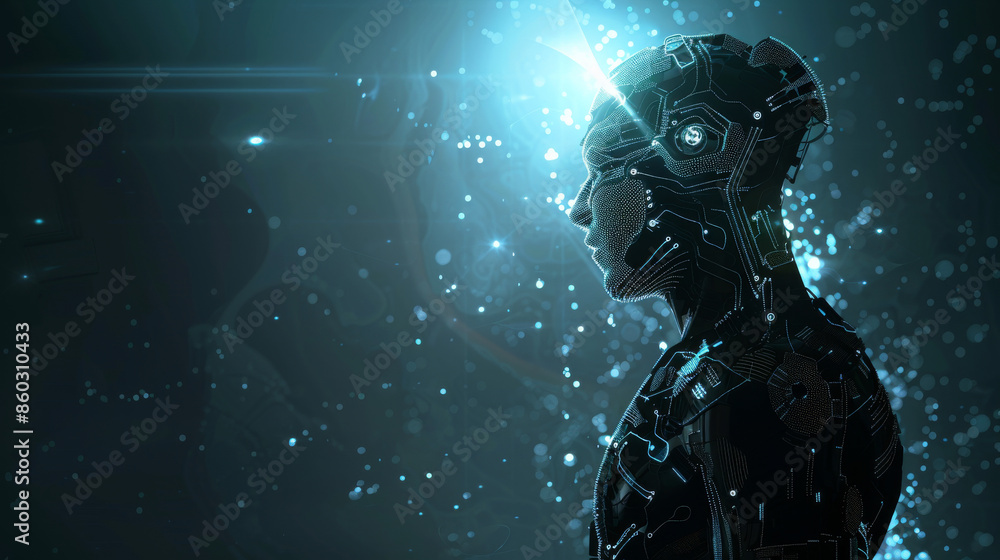 Obraz premium A silhouette of a futuristic figure, adorned with intricate glowing circuits, stands in a luminescent galaxy, symbolizing human-technology integration.