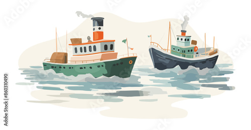 gouache vector illustration of two large fishing boats at sea