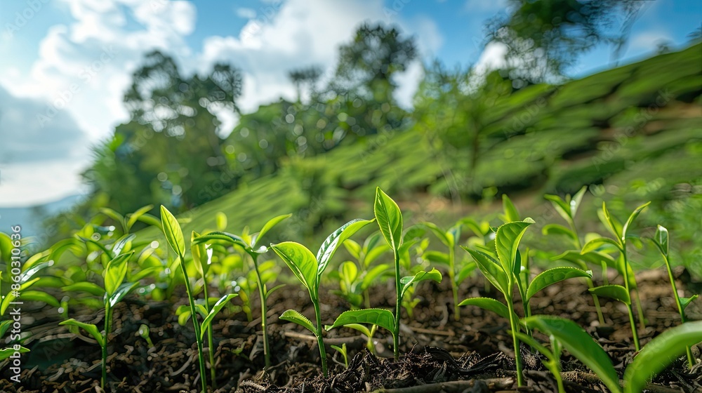 Young tea shoots growing on a hillside plantation Young tea shoots growing on a hillside plantation