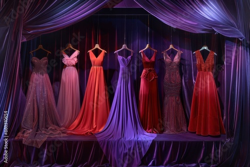 a group of dresses in a purple room