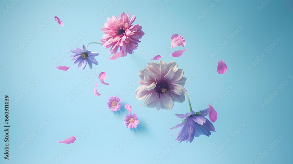 Obraz premium Flowers levitating on a pastel blue background Colorful pink and purple trendy summer flowers flying Surreal aesthetic nature spring concept : Generative AI