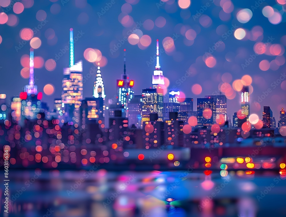 Obraz premium Blurred City Skyline at Night with Bokeh Lights