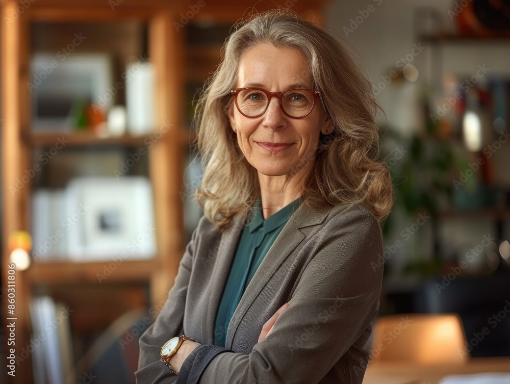 A woman wearing glasses stands in a room, possibly an office or study space