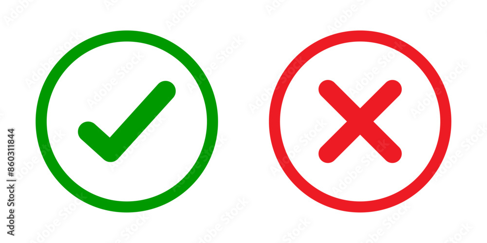 Check mark and red cross mark icon set. Isolated tick and cross symbols, checklist signs. Checkmark and x or confirm and deny line art colored icon for apps and websites. Vector illustration. Check mark and red cross mark icon set. Isolated tick and cross symbols, checklist signs. Checkmark and x or confirm and deny line art colored icon for apps and websites. Vector illustration.