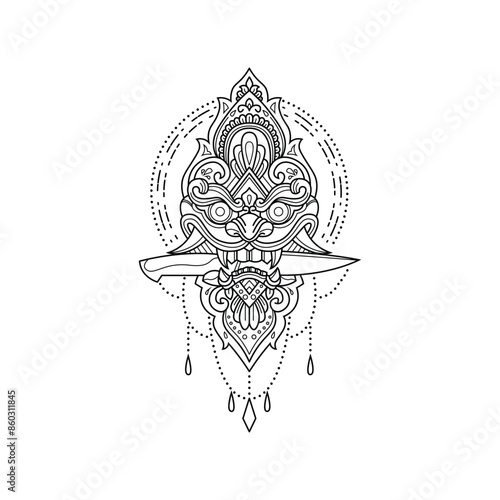 Floral mandala pattern with demon characters. Decorative ornament. Hand drawn vector illustration
