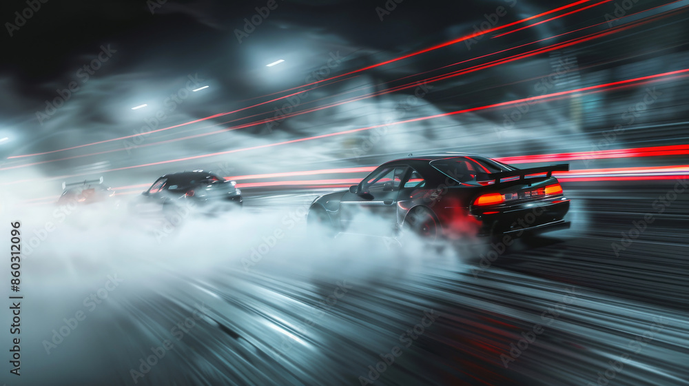 Racing cars blaze through a foggy night, their taillights streaming red streaks, capturing the thrill and intensity of high-speed pursuits. Racing cars blaze through a foggy night, their taillights streaming red streaks, capturing the thrill and intensity of high-speed pursuits.