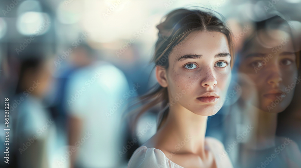A thoughtful young woman with a distant gaze stands amidst a blurred crowd, reflecting a sense of isolation in a bustling environment. A thoughtful young woman with a distant gaze stands amidst a blurred crowd, reflecting a sense of isolation in a bustling environment.