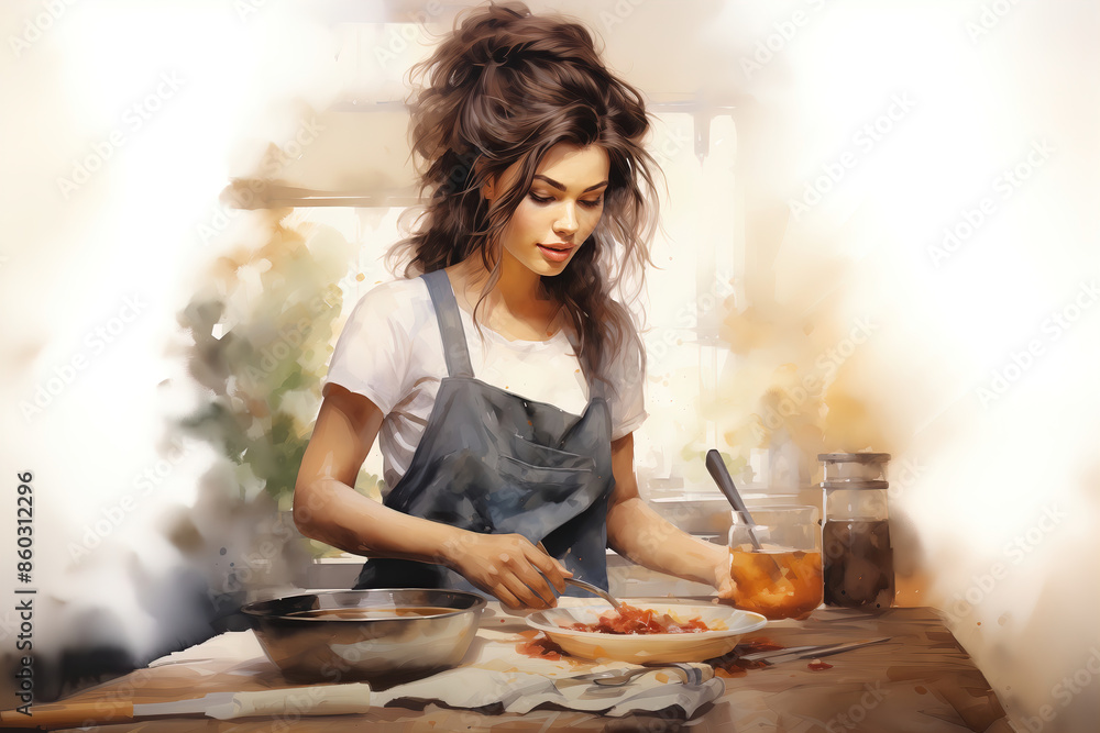 Young beautiful woman in an apron is preparing dish in kitchen. Watercolor sketch