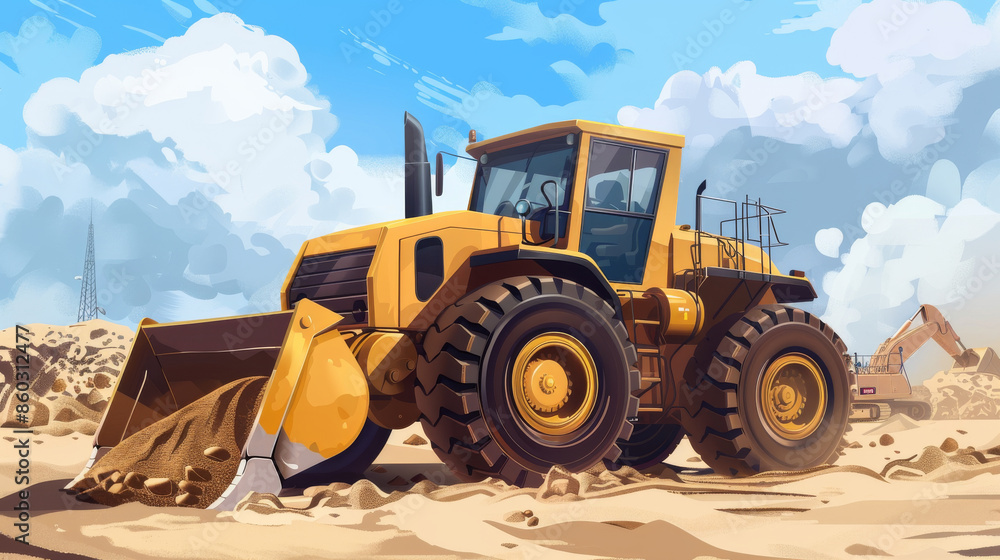 A large yellow construction vehicle operates in a sandy landscape under a bright blue sky, symbolizing the industrious nature of construction work. A large yellow construction vehicle operates in a sandy landscape under a bright blue sky, symbolizing the industrious nature of construction work.