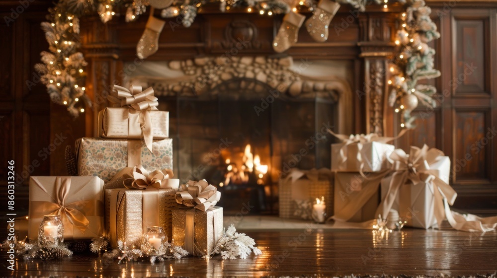 A stack of elegantly wrapped gifts in various sizes, adorned with bows and tags, set against a cozy fireplace decorated for the holidays. A stack of elegantly wrapped gifts in various sizes, adorned with bows and tags, set against a cozy fireplace decorated for the holidays.