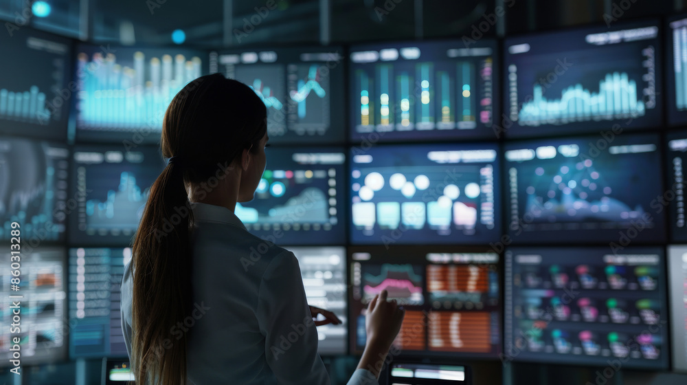 A focused woman wearing a lab coat stands before an array of data-filled screens in a dark, high-tech control room, immersed in analyzing complex information. A focused woman wearing a lab coat stands before an array of data-filled screens in a dark, high-tech control room, immersed in analyzing complex information.