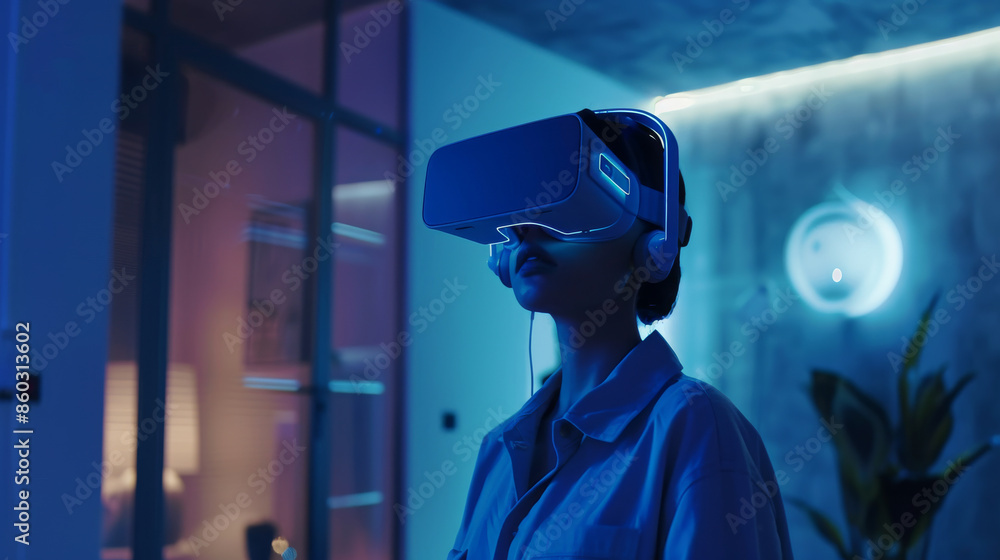 A person uses a virtual reality headset in a futuristic room illuminated in soft blue, suggesting tech immersion and modern escapism. A person uses a virtual reality headset in a futuristic room illuminated in soft blue, suggesting tech immersion and modern escapism.
