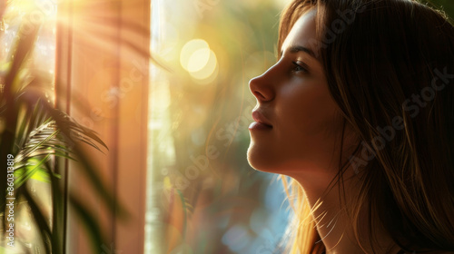 A woman stands by a window, bathed in golden sunlight, contemplating as she gazes outside, surrounded by green foliage.
