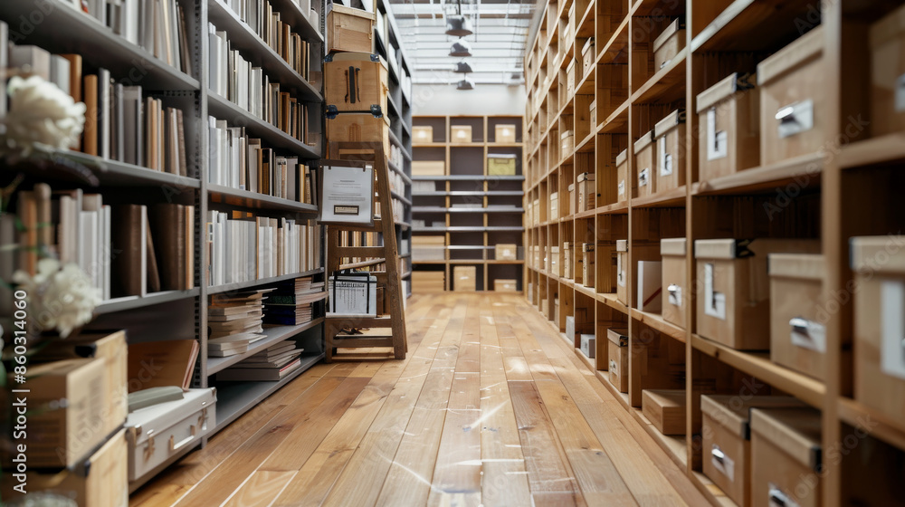 Shelves lined with books and organized boxes create a warm, inviting library space, with wooden floors reflecting natural light, promising quiet reflection and study. Shelves lined with books and organized boxes create a warm, inviting library space, with wooden floors reflecting natural light, promising quiet reflection and study.