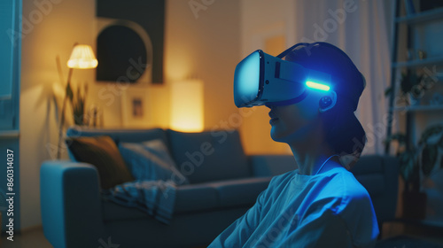 A person wearing a VR headset is fully immersed in a virtual world within their living room, symbolizing modern technology and escapism. photo