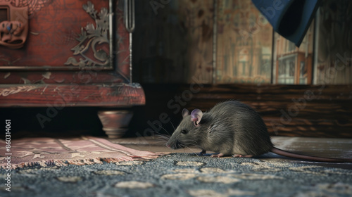 A small rat navigates a cozy, rustic room, casting a tiny shadow on the patterned rug as it peers around, blending into the homely atmosphere.