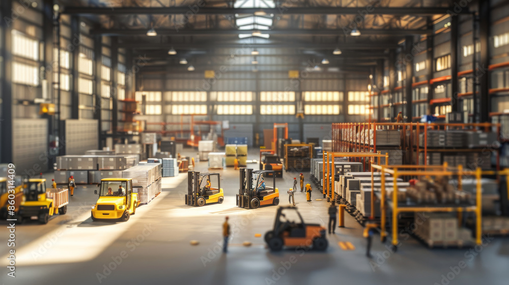 A busy, well-lit warehouse with high shelves and stacks of goods, forklifts operating efficiently as workers manage the logistics and inventory. A busy, well-lit warehouse with high shelves and stacks of goods, forklifts operating efficiently as workers manage the logistics and inventory.