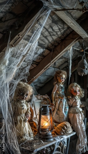 Eerie Attic with Vintage Halloween Decorations and Flickering Lantern, Perfect for Haunted Themes © spyrakot