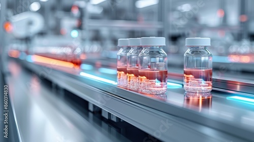 Close-up of glass vials filled with liquid medicine moving along an automated conveyor belt in a modern pharmaceutical manufacturing facility.