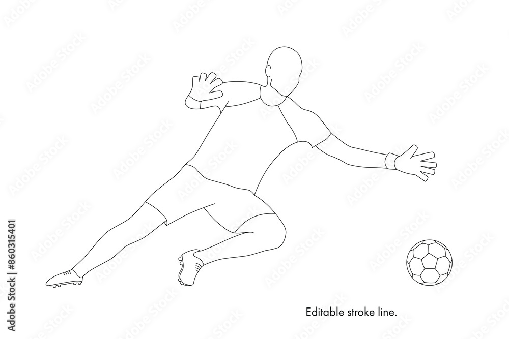 Soccer running player with ball. Vector stock one line hand drawing illustration isolated on white background for design template football championship, game. Editable stroke. Soccer running player with ball. Vector stock one line hand drawing illustration isolated on white background for design template football championship, game. Editable stroke.