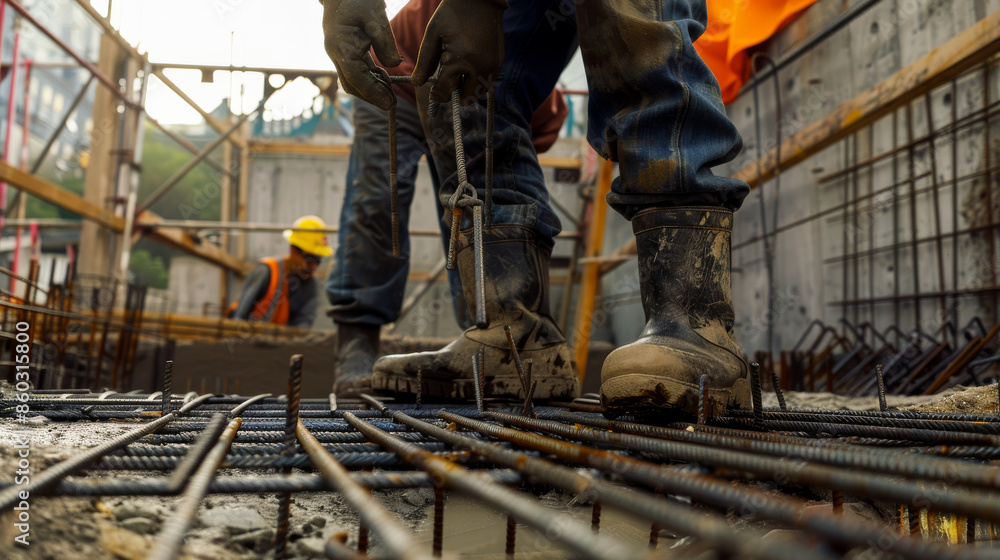 Construction workers in the middle of a project, wearing safety gear and working amid steel rebar and concrete on a building site under bright daylight. Construction workers in the middle of a project, wearing safety gear and working amid steel rebar and concrete on a building site under bright daylight.
