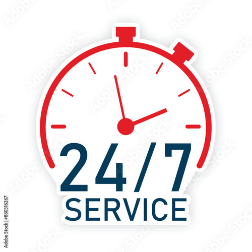 24-7 service. 24 hours a day and 7 days a week service icon. Support service concept with stopwatch and numbers 24-7. Logo. Vector Illustration