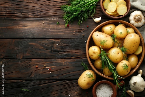 A bowl of potatoes sitting on top of a wooden table