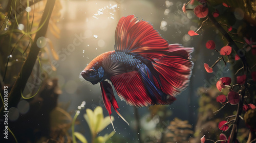 A vibrant Betta fish with flowing red and blue fins elegantly swims amidst the lush aquatic plants, bathed in golden light. photo