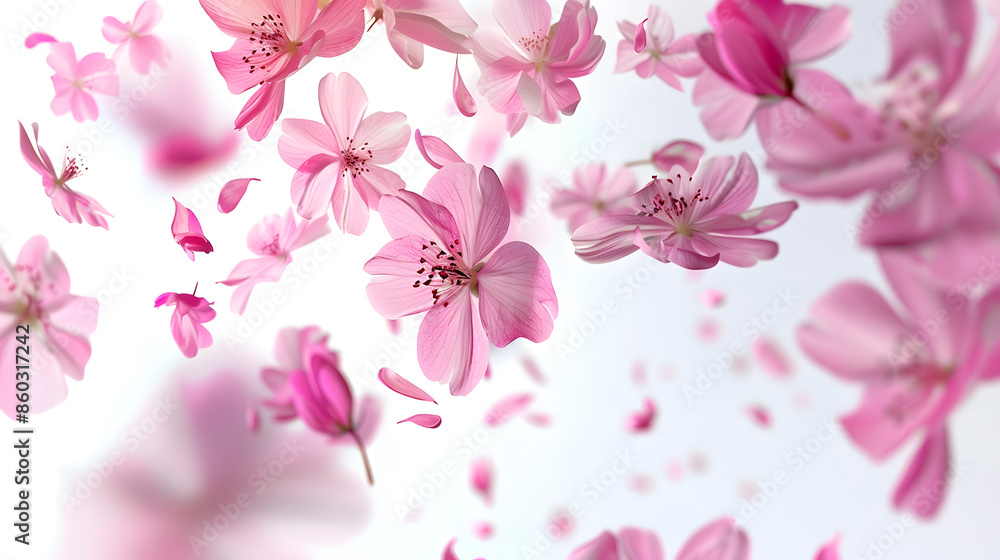 A beautiful image of sping pink flowers flying in the air on the white background Levitation conception Hugh resolution image : Generative AI A beautiful image of sping pink flowers flying in the air on the white background Levitation conception Hugh resolution image : Generative AI