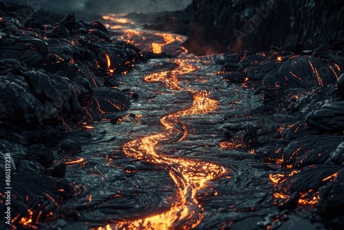 A river of glowing lava flowing through a dark landscape, symbolizing the raw and powerful energy of creativity. 