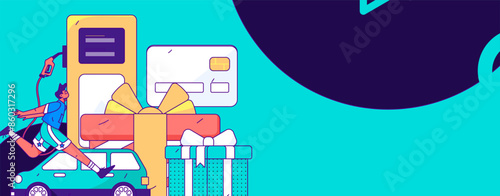 Vector Internet operation hand-drawn illustration of people getting discounts for refueling their cars
