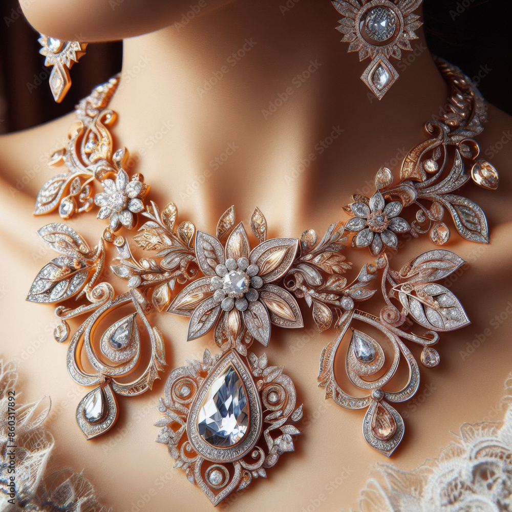 Naklejka premium Elegant Vintage Diamond Jewelry Set: Luxurious Bridal Necklace and Earringsunlit Creativity