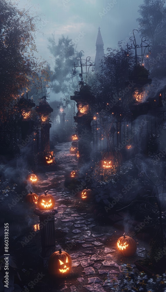 Fototapeta premium Spooky Halloween Garden with Glowing Jack-o'-Lanterns, Eerie Statues, and Fog-Covered Pathway