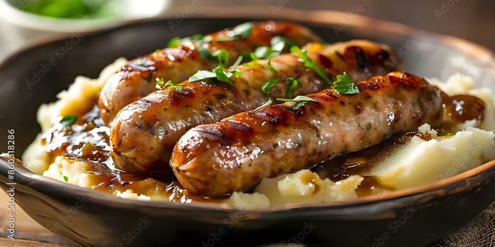Traditional British Comfort Food Bangers and Mash - Sausages with Mashed Potatoes. Concept Mashed Potatoes, Sausages, Comfort Food, British Cuisine, Traditional Dish Traditional British Comfort Food Bangers and Mash - Sausages with Mashed Potatoes. Concept Mashed Potatoes, Sausages, Comfort Food, British Cuisine, Traditional Dish