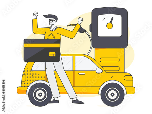 Vector Internet operation hand-drawn illustration of people getting discounts for refueling their cars
