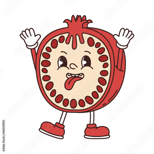 Retro groovy funny fruit. Naughty anthropomorphic character red garnet on white background. Vector flat illustration