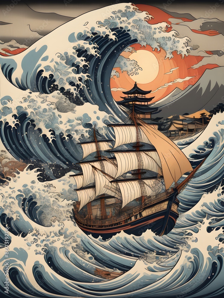 Naklejka premium A sailor ship trying to escape from a tsunami