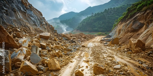 Urgent need for stabilization emphasized as landslide devastates roads and buries buildings. Concept Natural Disasters, Emergency Response, Infrastructure Damage, Landslide Recovery photo