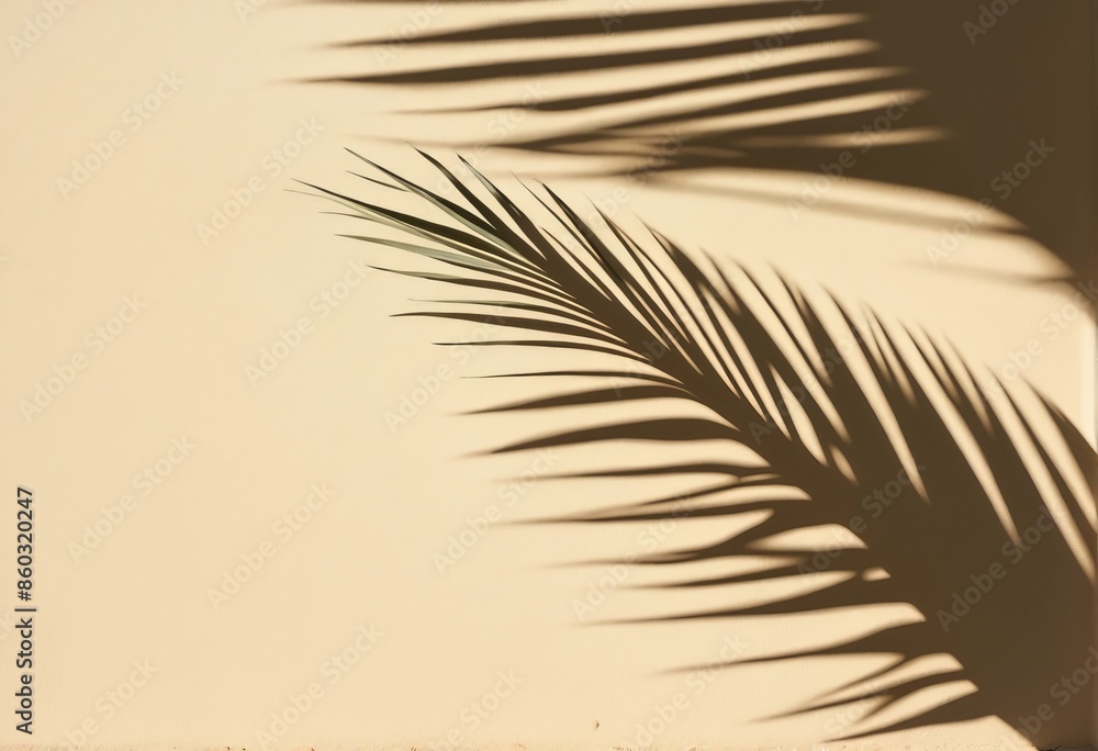 Abstract shadow of a single palm leaf on a beige wall background. Empty space for copy and text. Abstract shadow of a single palm leaf on a beige wall background. Empty space for copy and text.