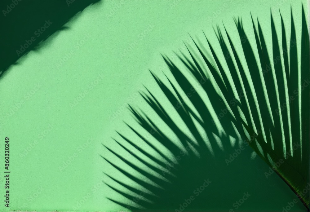 Fototapeta premium Abstract shadow of a single palm leaf on a green wall background. Empty space for copy and text.