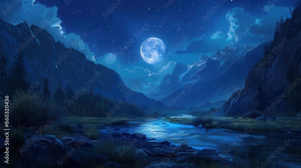 majestic moon illuminating serene river valley at night mountains and stars concept art majestic moon illuminating serene river valley at night mountains and stars concept art