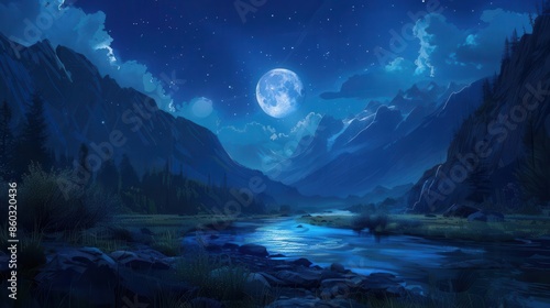 majestic moon illuminating serene river valley at night mountains and stars concept art