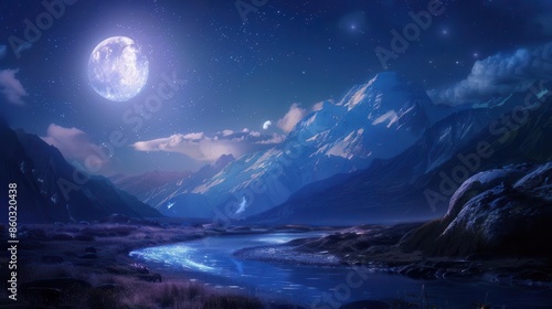 majestic moon illuminating serene river valley at night mountains and stars concept art