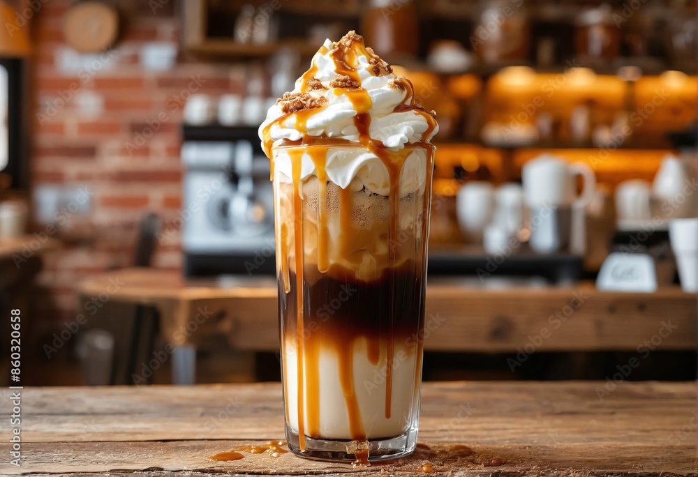 Caramel drizzled iced coffee served in a cozy rustic cafe. Caramel drizzled iced coffee served in a cozy rustic cafe.