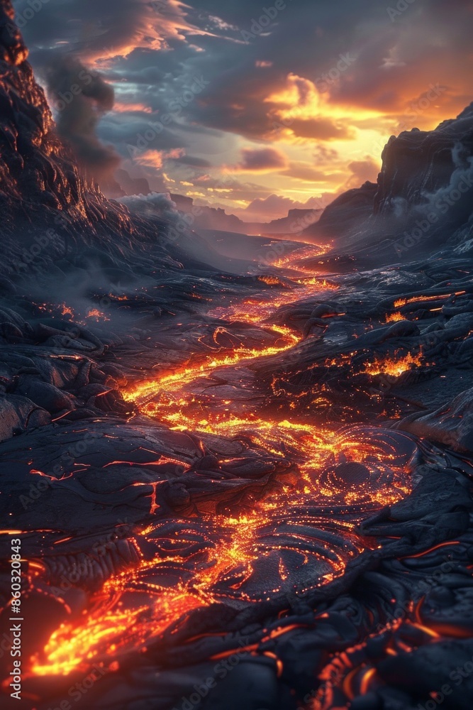 A river of glowing lava flowing through a dark landscape, symbolizing the raw and powerful energy of creativity. A river of glowing lava flowing through a dark landscape, symbolizing the raw and powerful energy of creativity.