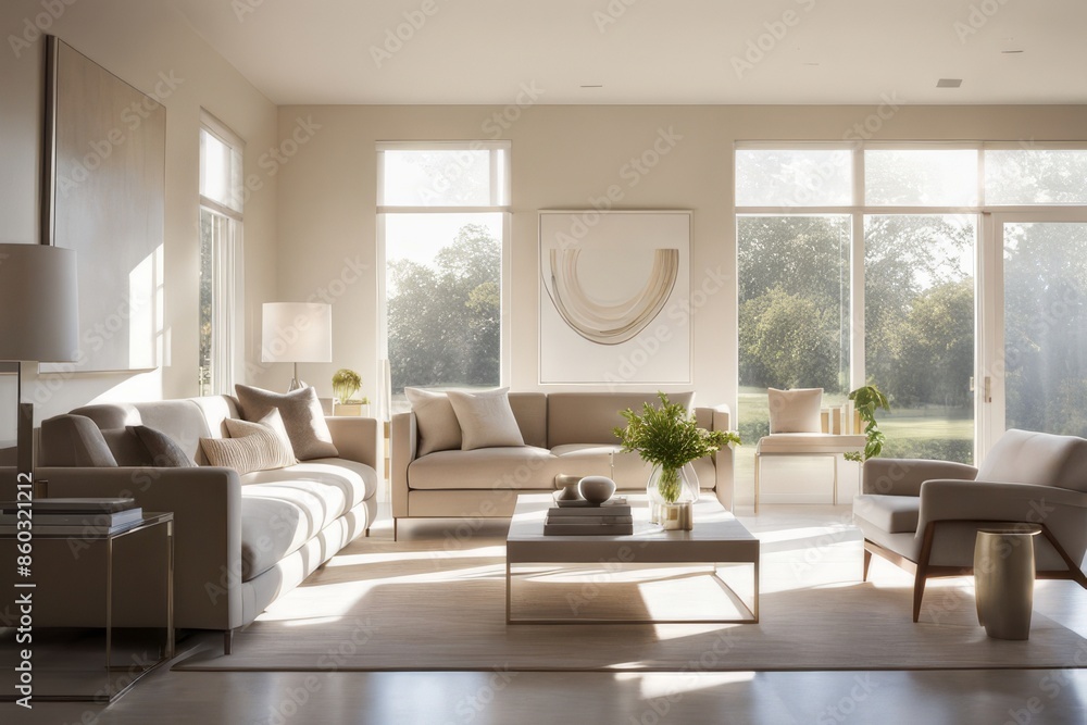 Fototapeta premium Bright and modern living room adorned with elegant neutral decor.