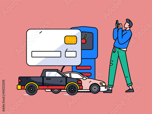 Vector Internet operation hand-drawn illustration of people getting discounts for refueling their cars
