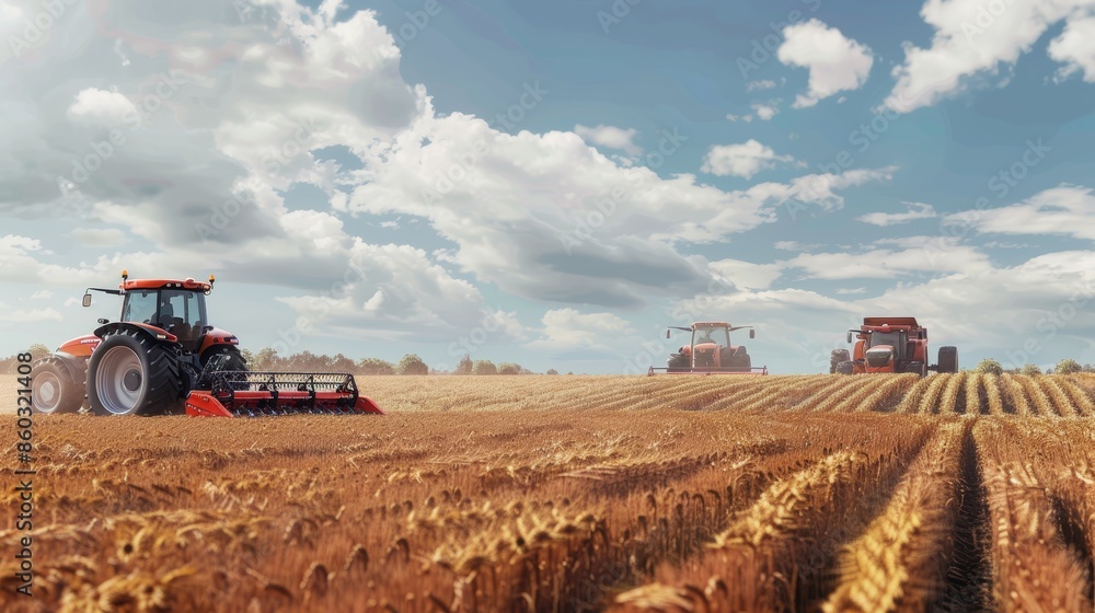 Fototapeta premium Modern Harvesting Machines Working Efficiently in a Vast Golden Field at Sunset - Agriculture Concept