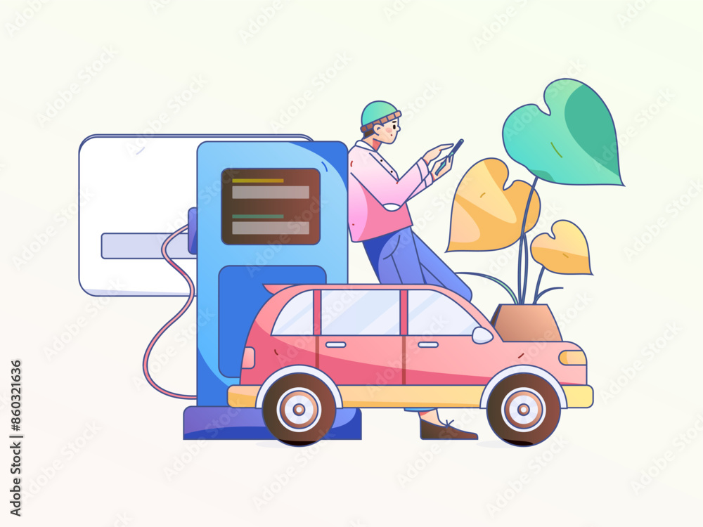 Vector Internet operation hand-drawn illustration of people getting discounts for refueling their cars
